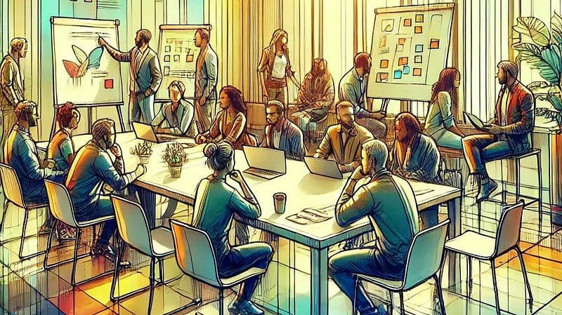 Un objectif collectif. Plusieurs membre d’une équipe discutant de divers projets. Image généré par Dall-E 3